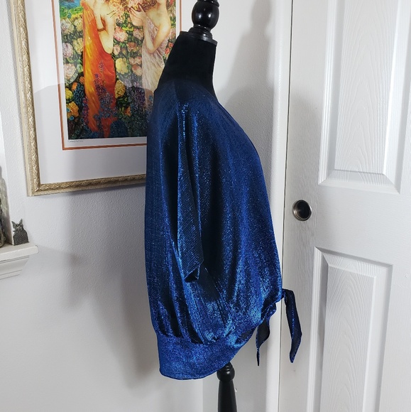 Vintage Black Blue Sparkle Tie Front Blouse sz L - Picture 3 of 8